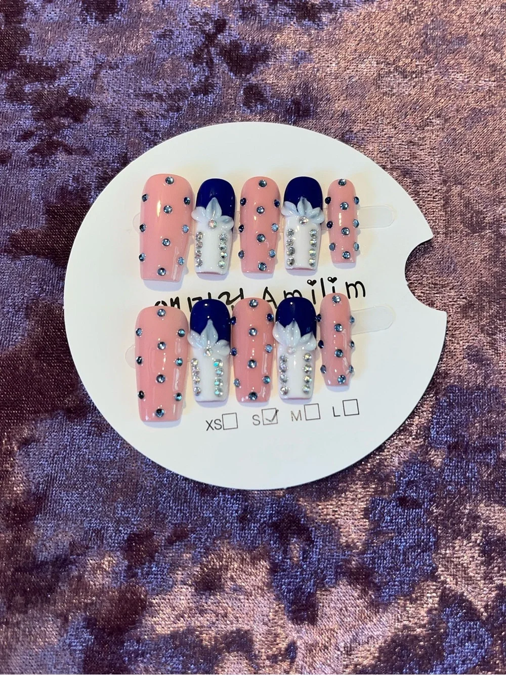 Pink & Navy Rhinestone Press-On Nails